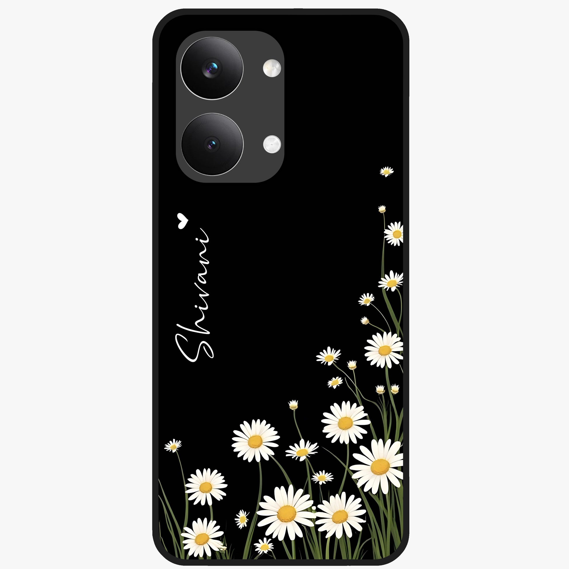 Daisy Cascade Custom Name Glass Case showing flat back view with cascading daisy flowers and personalized name design.
