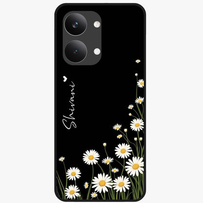 Daisy Cascade Custom Name Glass Case showing flat back view with cascading daisy flowers and personalized name design.