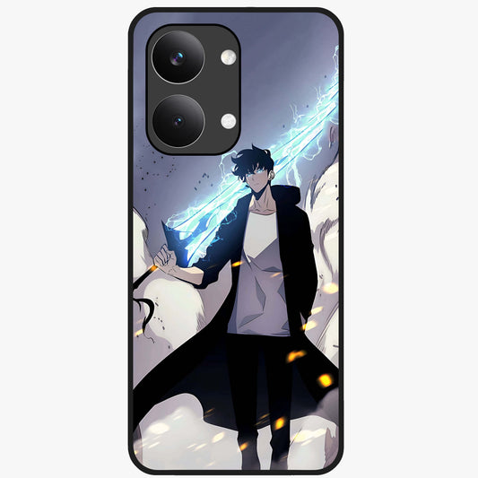 Dark Lightning Anime Warrior Glass Case showing flat back view with intense anime warrior artwork and glossy glass finish.