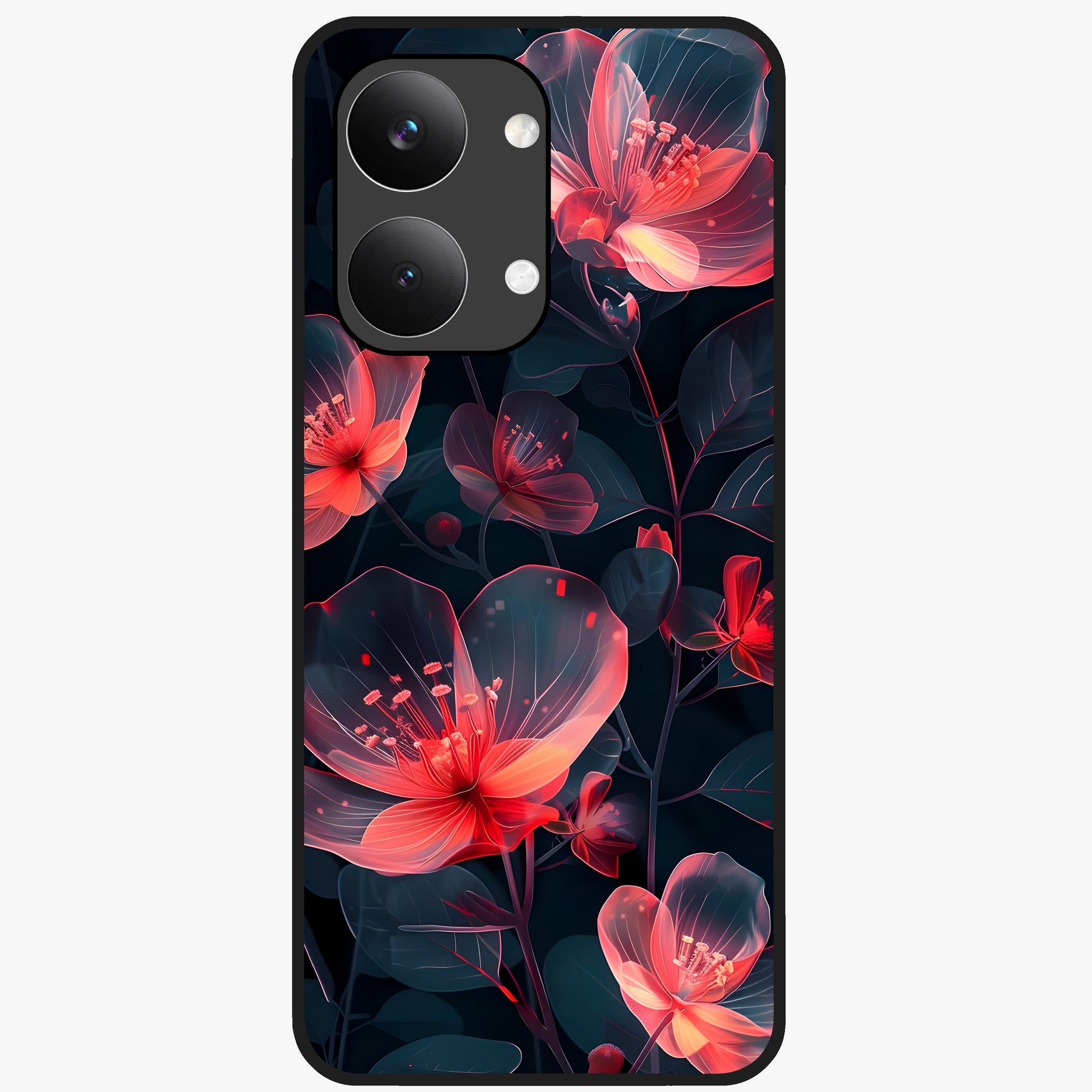 Dark Shade of Flower Glass Case showing flat back view with elegant dark floral artwork and glossy glass finish.