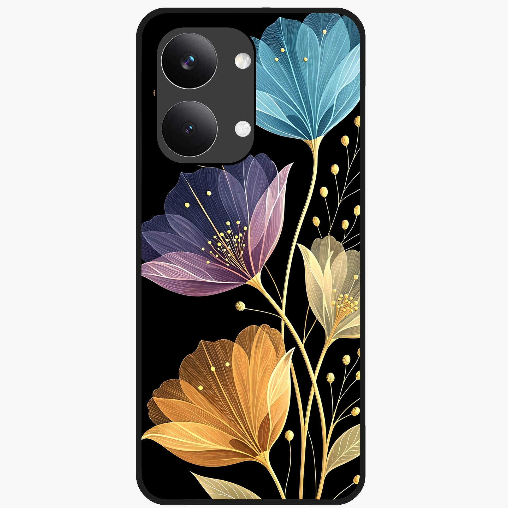 Delicate Multicolor Flowers Glass Case showing flat back view with vibrant floral artwork and glossy glass finish.