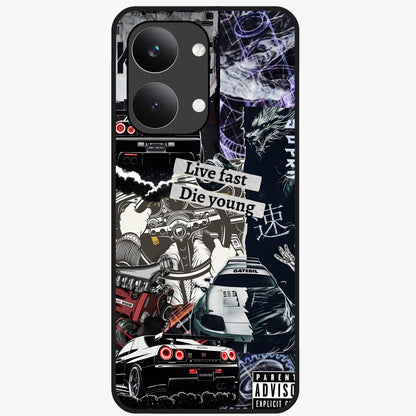 Die Young Glass Case showing flat back view with bold artistic typography design and glossy glass finish.