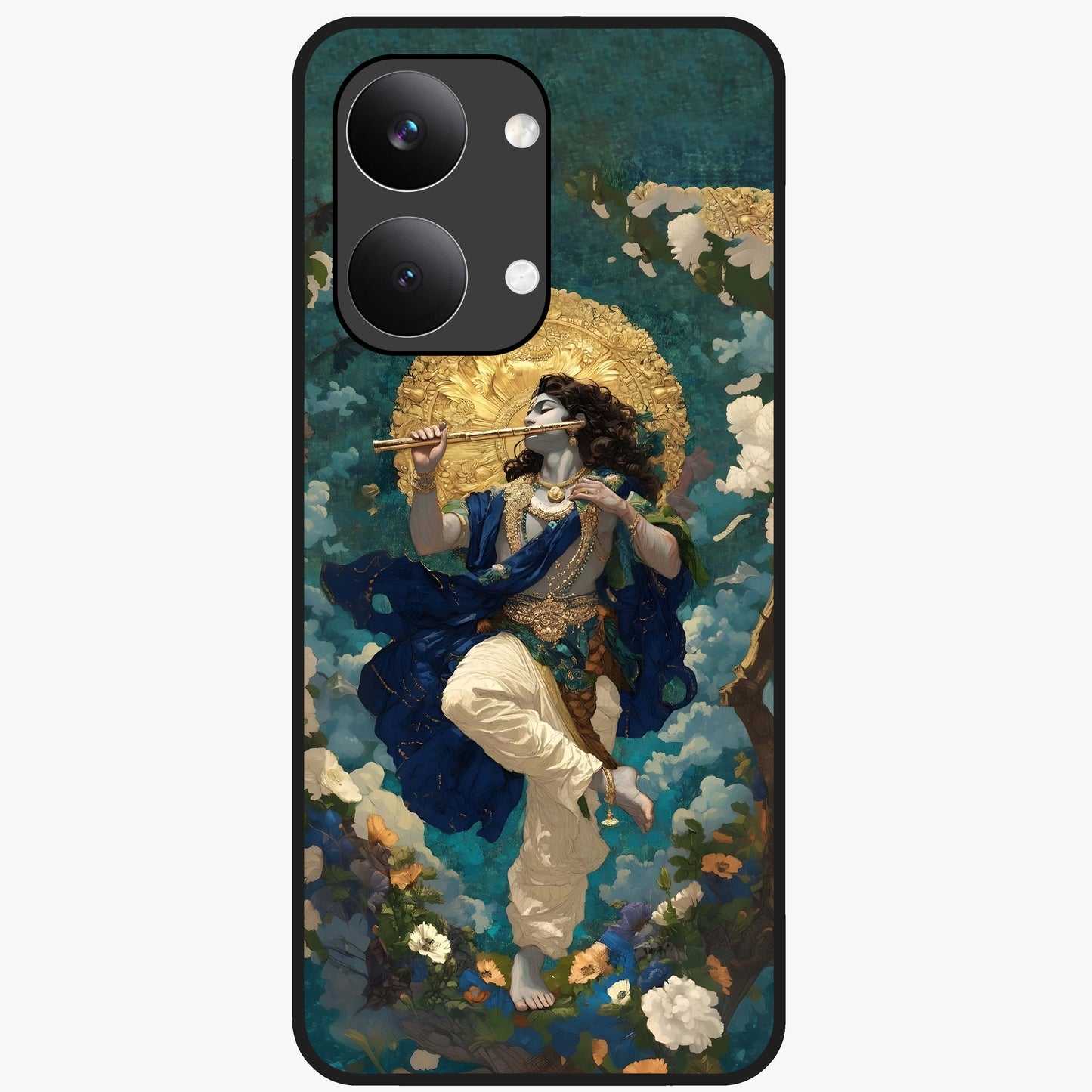 Divine Krishna Art Glass Case showing flat back view with Lord Krishna artwork and glossy glass finish.