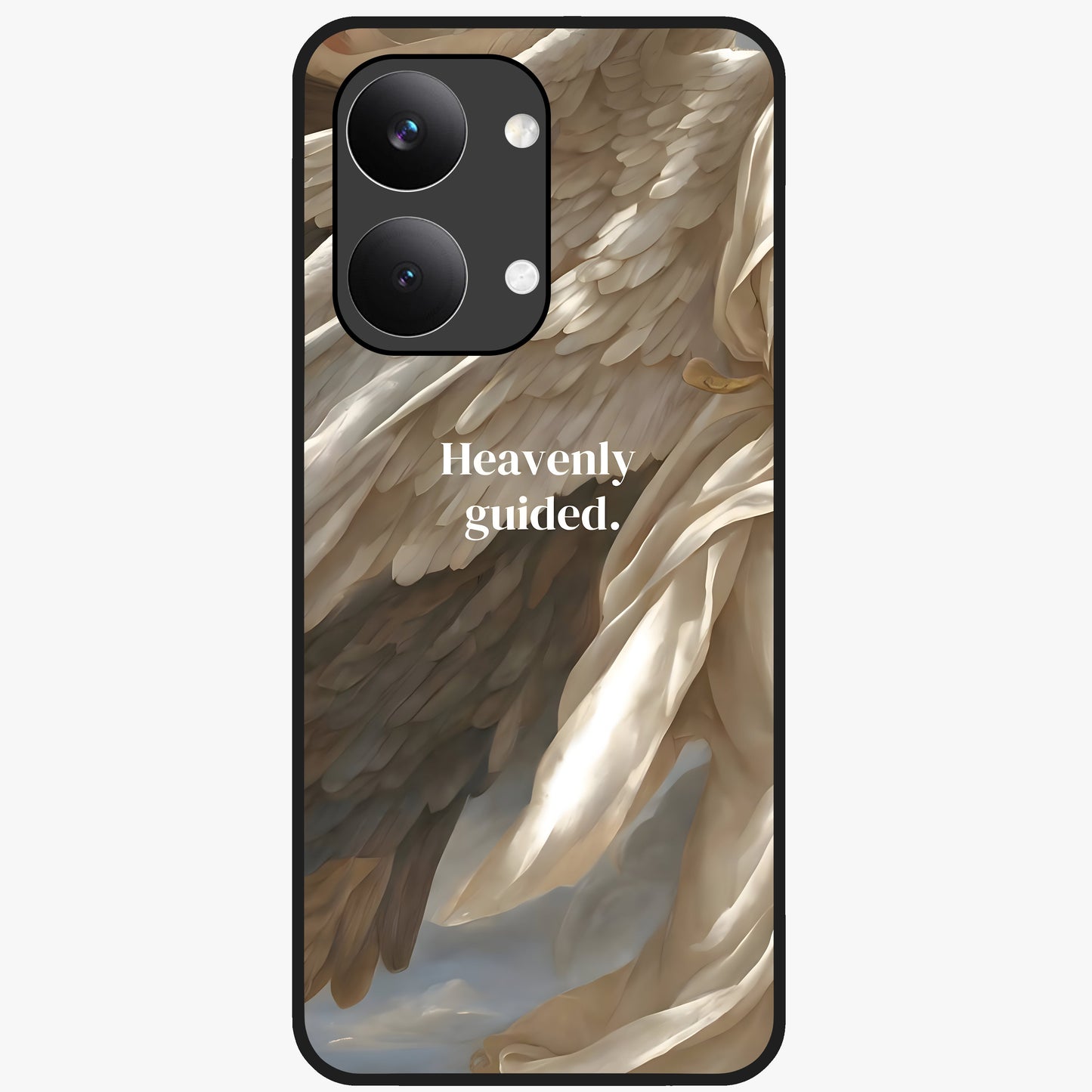 Divine Winged Grace Glass Case showing flat back view with elegant wing inspired artwork and glossy glass finish.