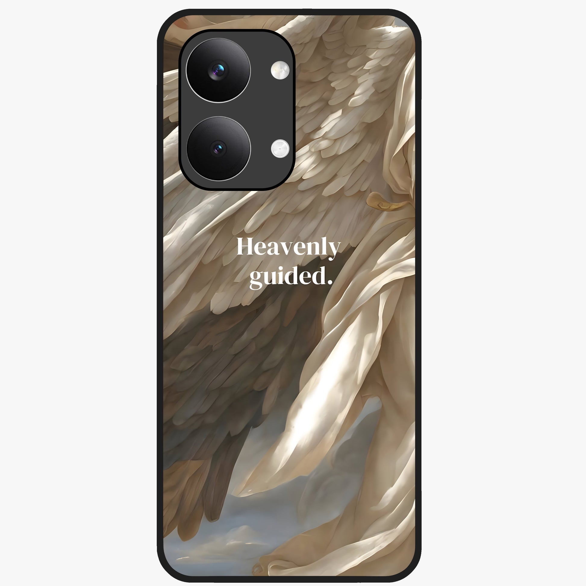 Divine Winged Grace Glass Case showing flat back view with elegant wing inspired artwork and glossy glass finish.