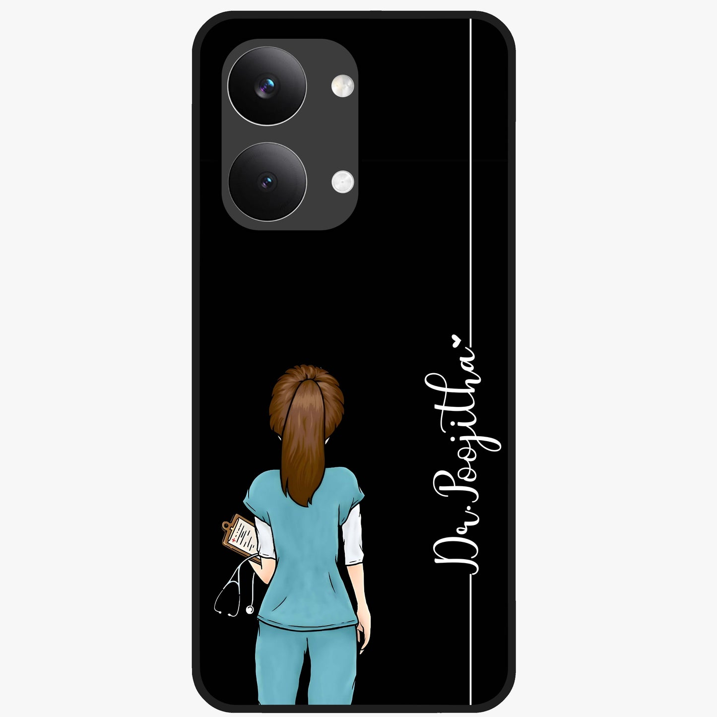 Doctor Pattern Custom Name Glass Case showing flat back view with medical themed pattern and personalized name design.