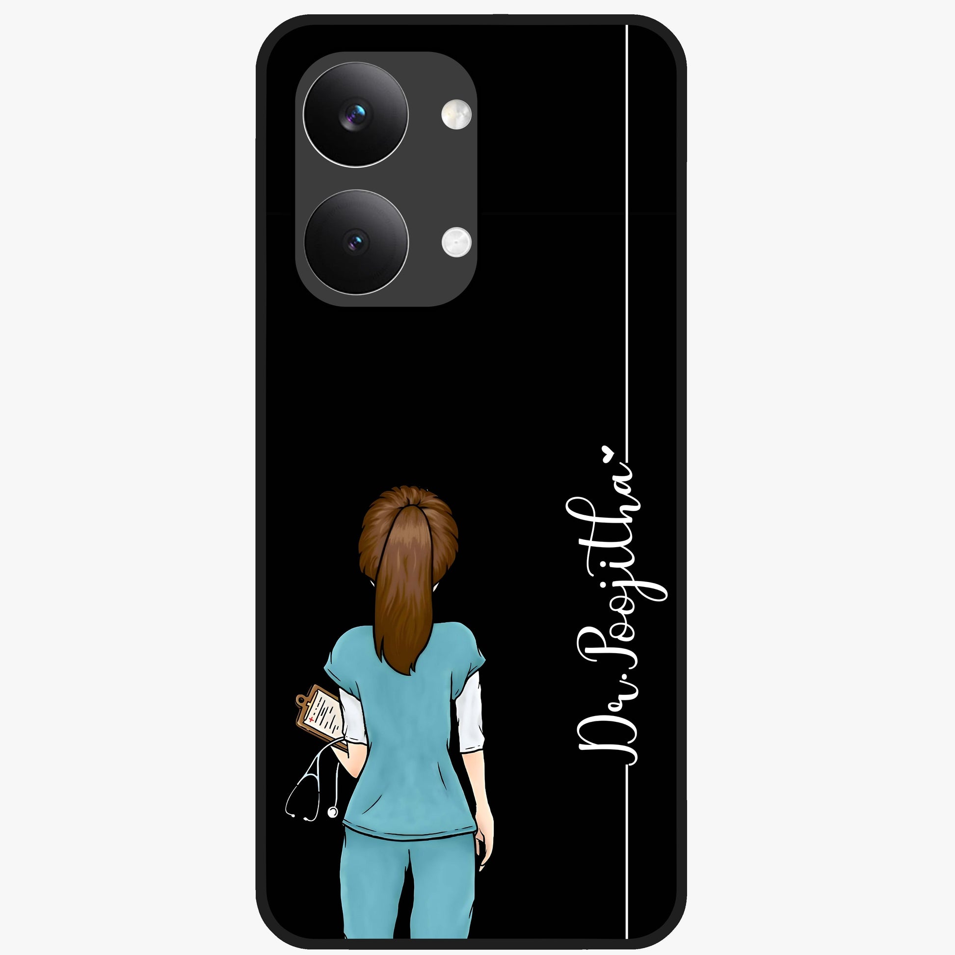 Doctor Pattern Custom Name Glass Case showing flat back view with medical themed pattern and personalized name design.
