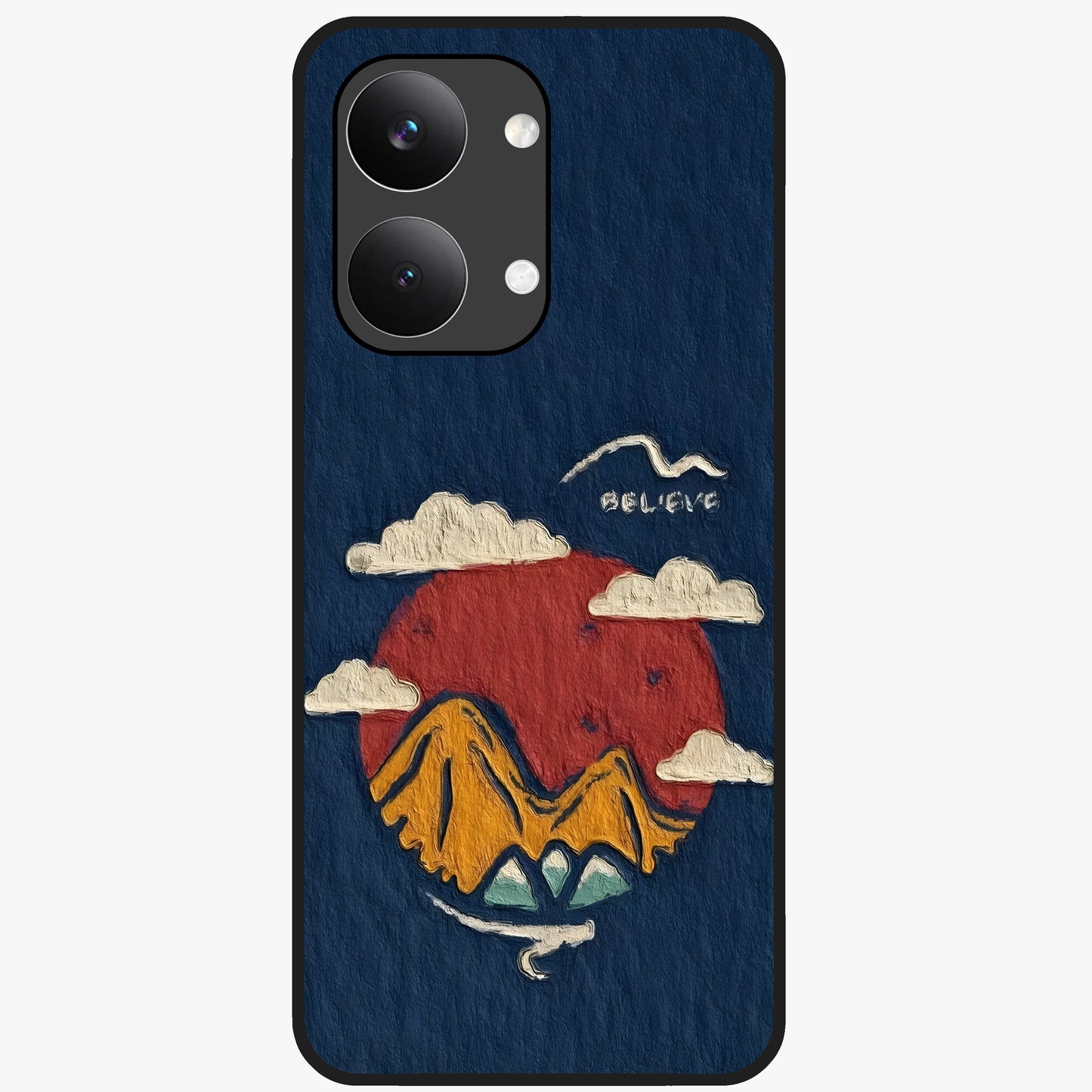 Dream Beyond Mountains Glass Case showing flat back view with scenic mountain landscape artwork and glossy glass finish.