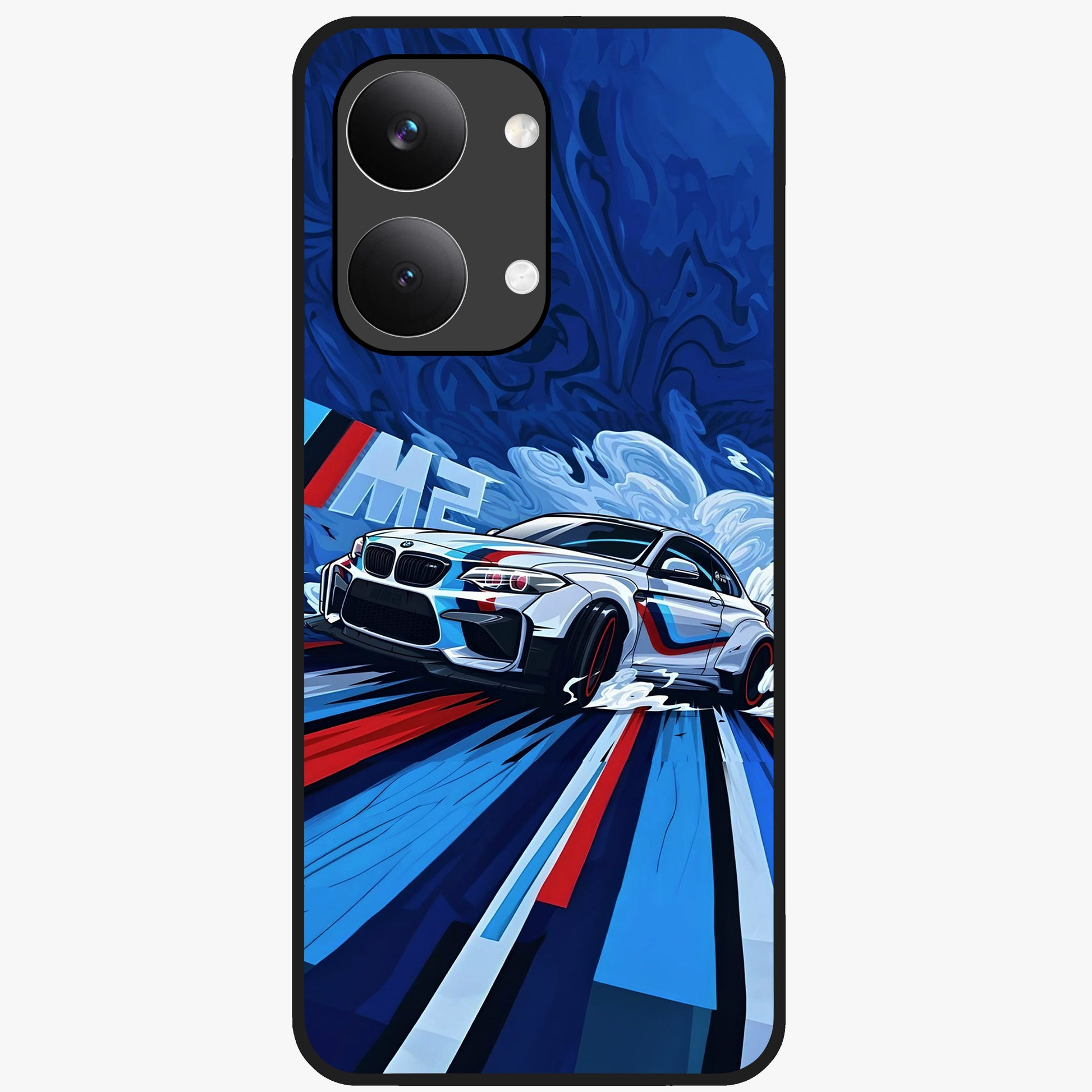 Drift Power Rush Glass Case showing flat back view with dynamic racing inspired artwork and glossy glass finish.
