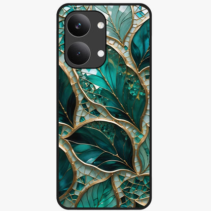 Emerald Leaf Glass Glass Case showing flat back view with emerald green leaf artwork and glossy glass finish.