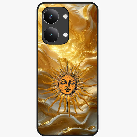 Eternal Golden Glow Glass Case showing flat back view with radiant golden themed artwork and glossy glass finish.