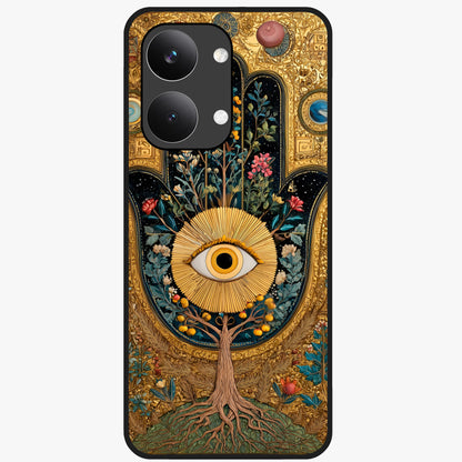 Ethereal Evil Eye Glass Case showing flat back view with mystical evil eye artwork and glossy glass finish.