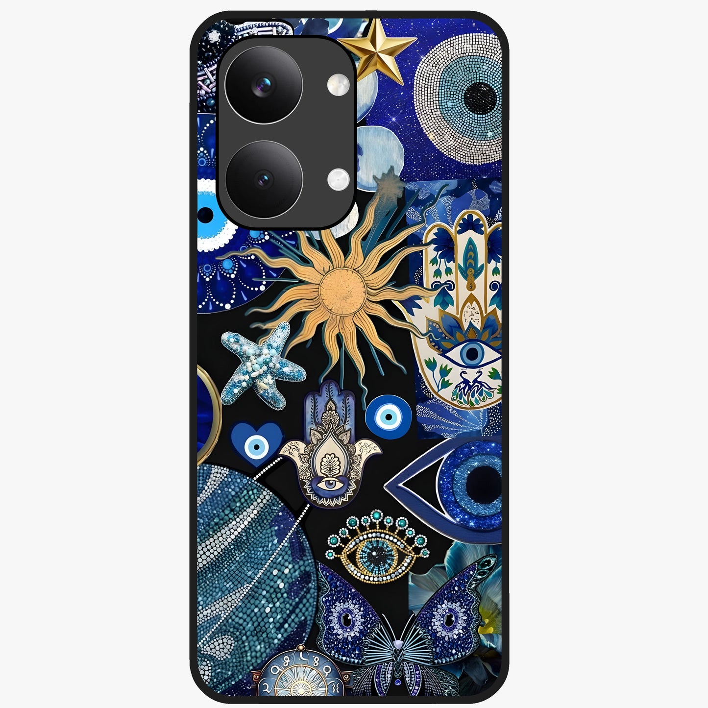 Evil Eye Charm Mix Glass Case showing flat back view with multiple evil eye charms artwork and glossy glass finish.