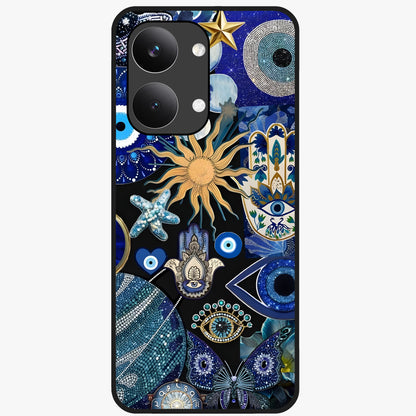 Evil Eye Charm Mix Glass Case showing flat back view with multiple evil eye charms artwork and glossy glass finish.