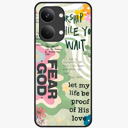 Faith Over Fear Glass Case showing flat back view with motivational typography artwork and glossy glass finish.