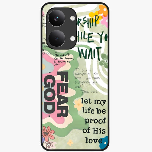Faith Over Fear Glass Case showing flat back view with motivational typography artwork and glossy glass finish.