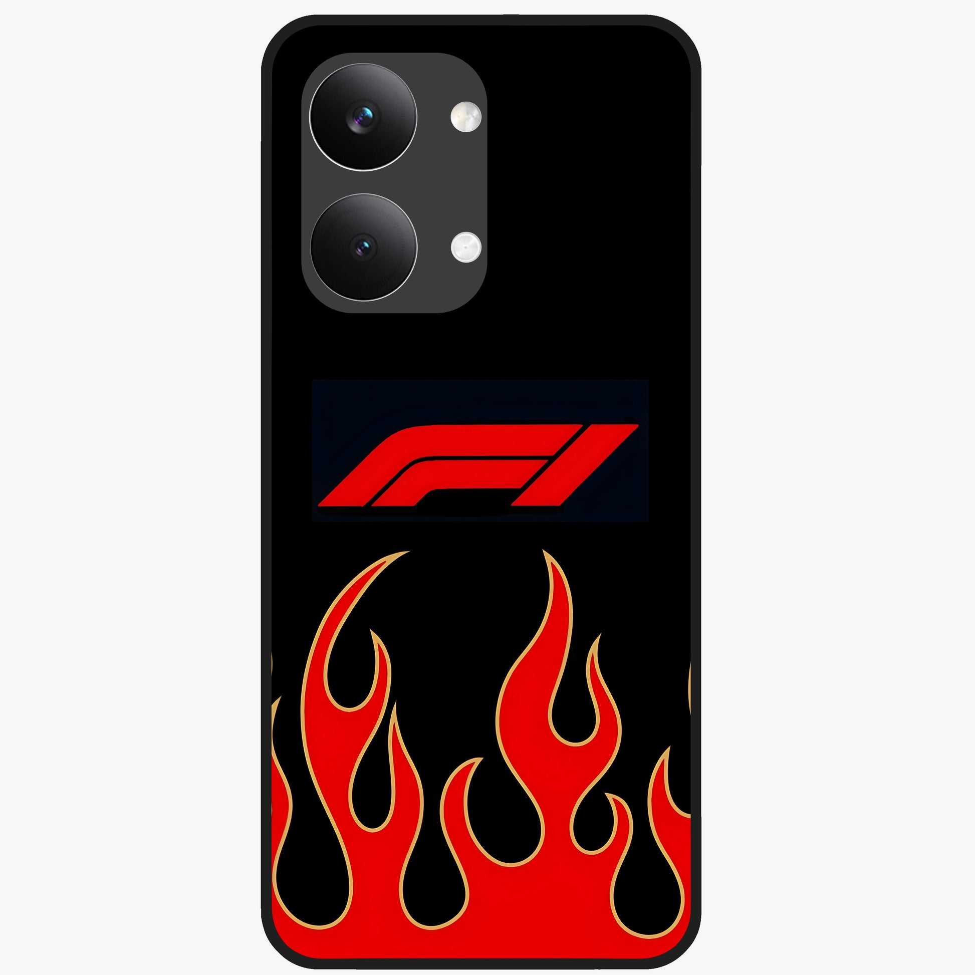 Fire F11 Glass Case showing flat back view with fiery themed artwork and glossy glass finish.