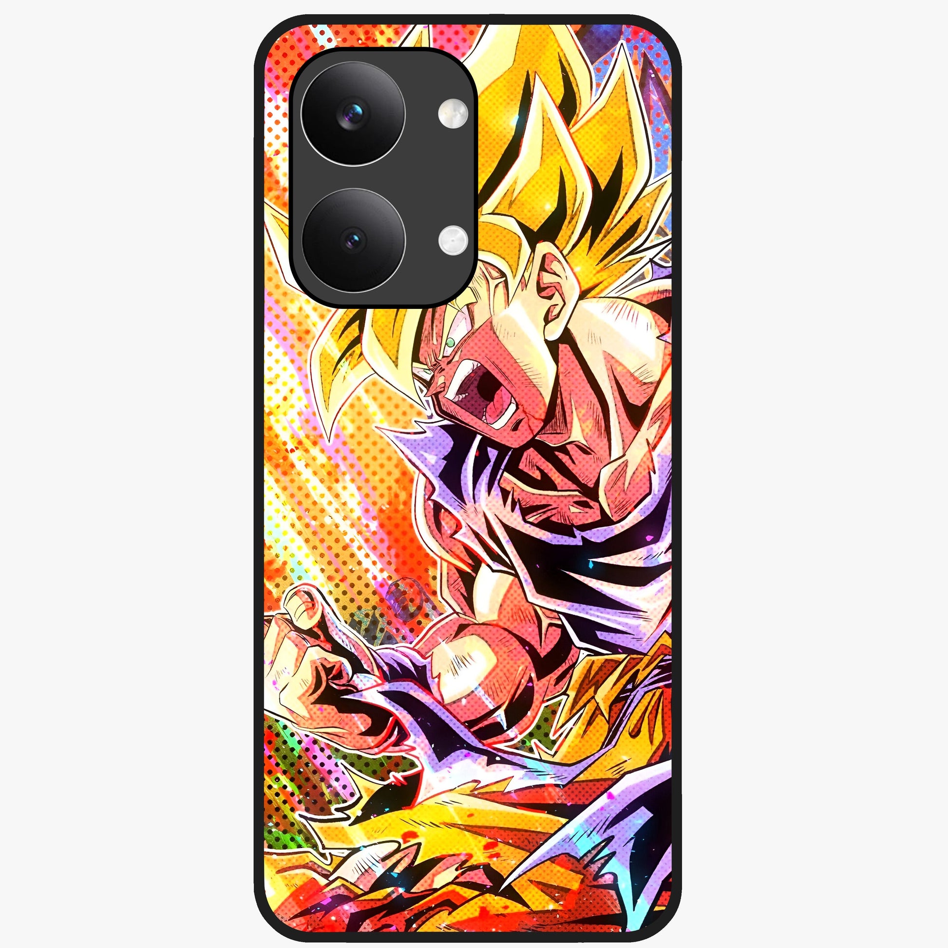Firing Goku Glass Case showing flat back view with powerful anime inspired artwork and glossy glass finish.