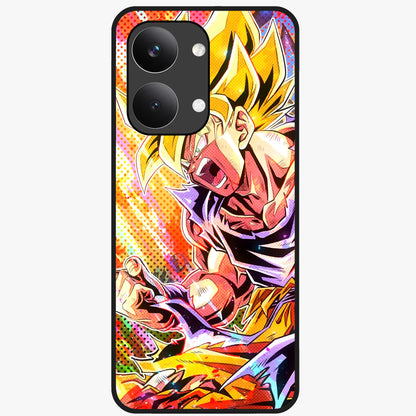 Firing Goku Glass Case showing flat back view with powerful anime inspired artwork and glossy glass finish.