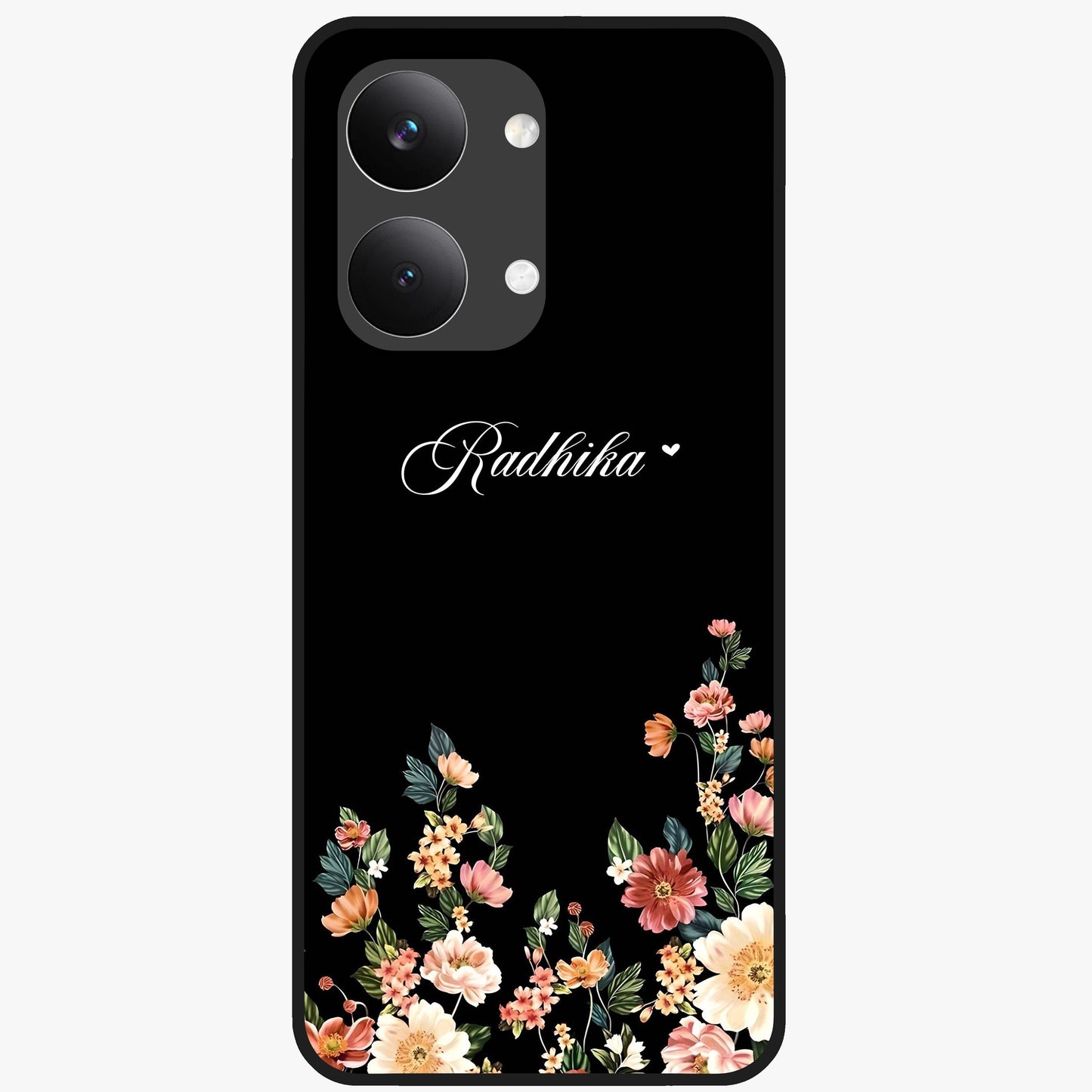 Floral Design With a Custom Personalized Name Glass Case showing flat back view with floral artwork and personalized name design.