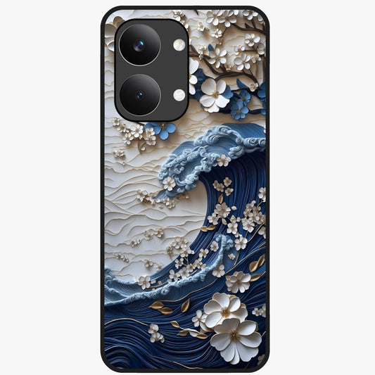 Floral Wave Origami Glass Case showing flat back view with origami inspired floral wave artwork and glossy glass finish.