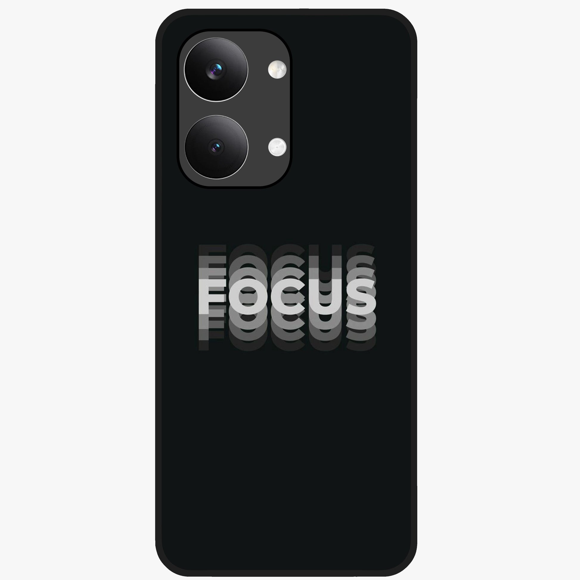 Focus Mode On Glass Case showing flat back view with bold motivational typography design and glossy glass finish.