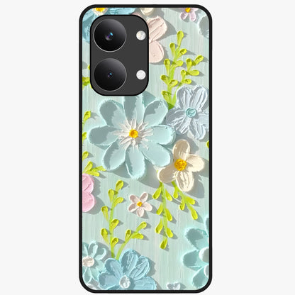 Frosted Petal Garden Glass Case showing flat back view with soft frosted floral artwork and glossy glass finish.