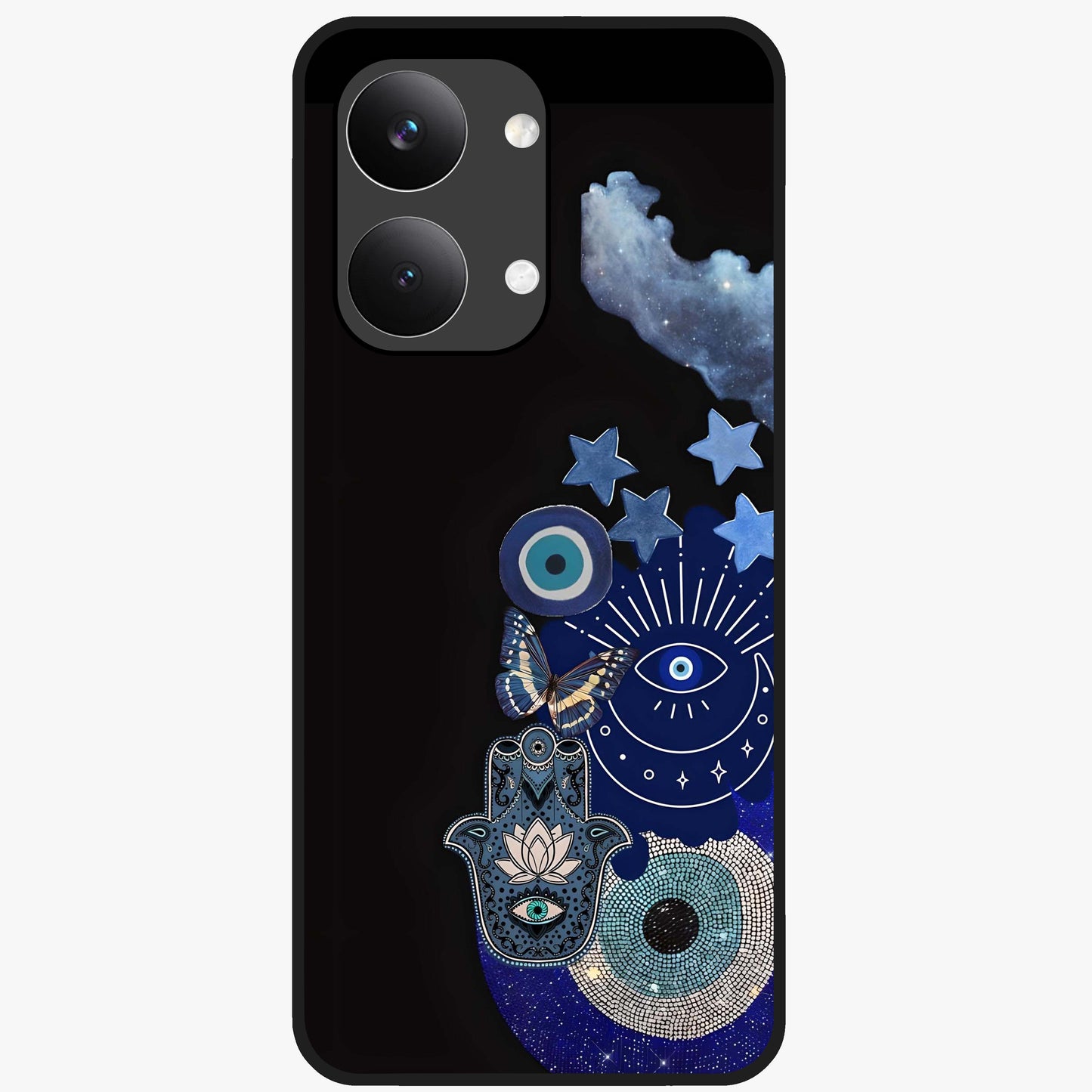 Galactic Charm Cluster Glass Case showing flat back view with glowing celestial charm artwork and glossy glass finish.