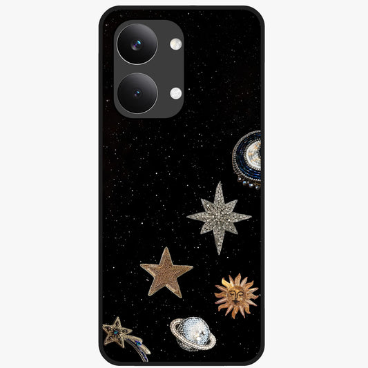 Galactic Charm Glow Glass Case showing flat back view with glowing celestial charm artwork and glossy glass finish.