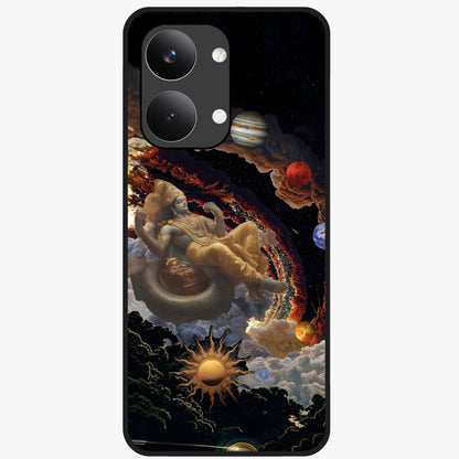 Galactic Divine God Glass Case showing flat back view with divine cosmic themed artwork and glossy glass finish.