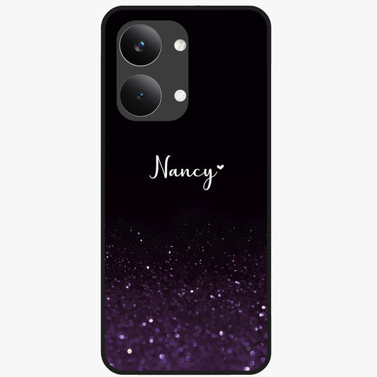 Glittery Purple Bokeh Custom Name Glass Case showing flat back view with purple bokeh sparkle artwork and personalized name design.