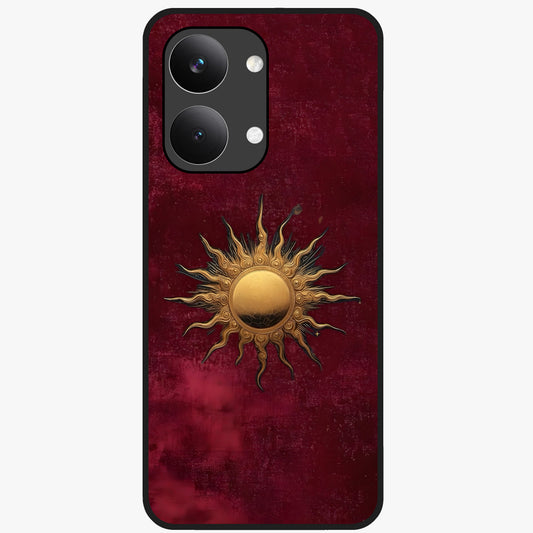 Gold Sun Blush Glass Case showing flat back view with golden sun inspired artwork and glossy glass finish.