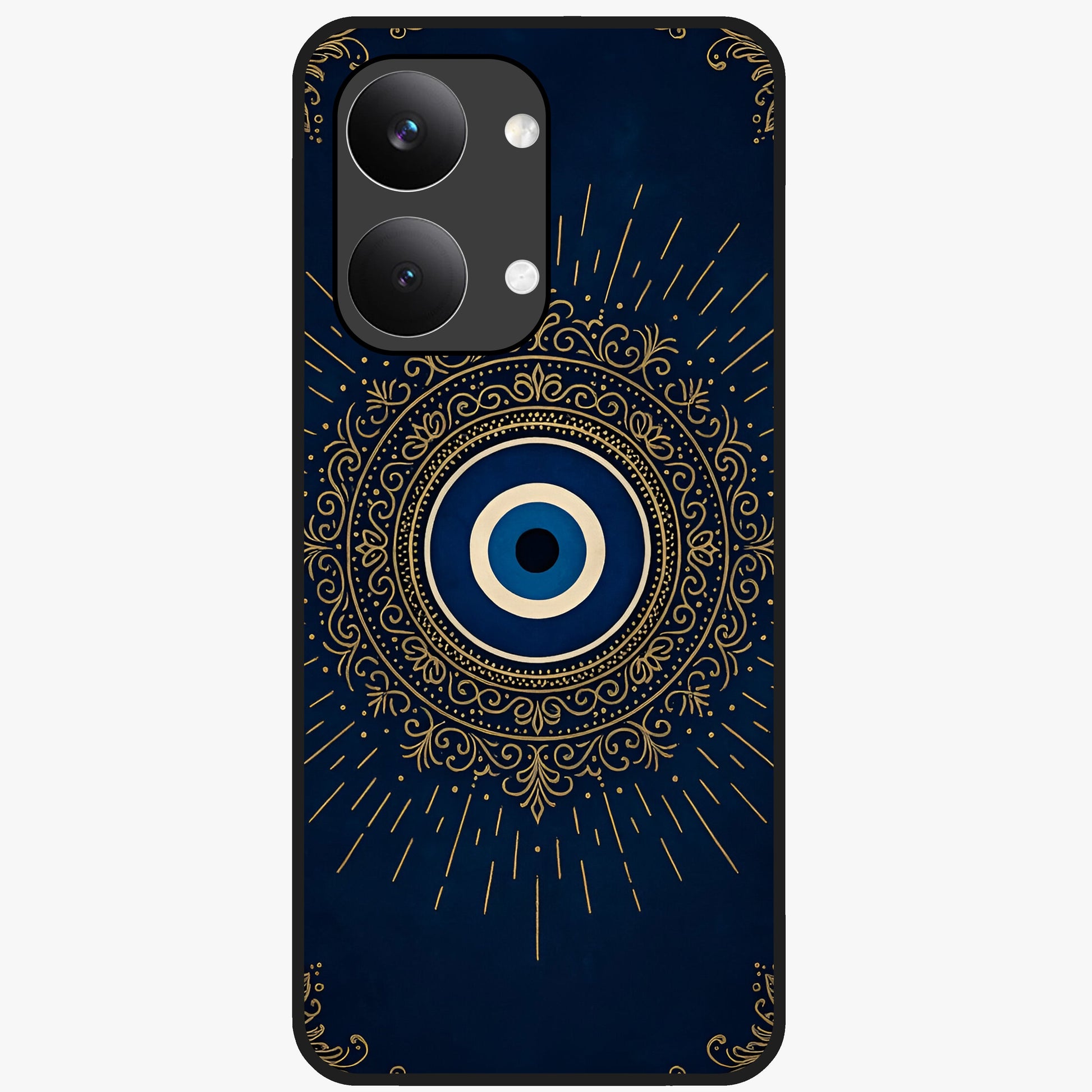 Golden Evil Eye Mandala Glass Case showing flat back view with intricate evil eye mandala artwork and glossy glass finish.