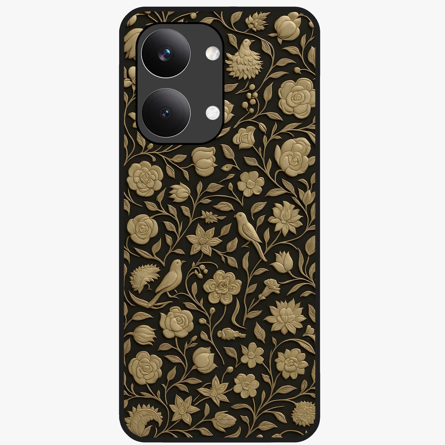Golden Floral Majesty Glass Case showing flat back view with luxurious golden floral artwork and glossy glass finish.