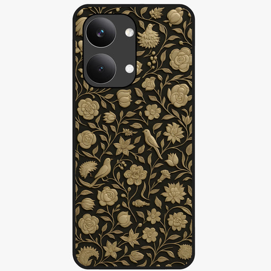 Golden Floral Majesty Glass Case showing flat back view with luxurious golden floral artwork and glossy glass finish.