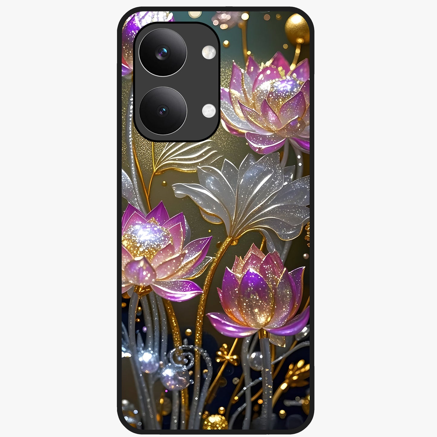 Golden Lotus Glow Glass Case showing flat back view with glowing lotus flower artwork and glossy glass finish.