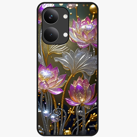 Golden Lotus Glow Glass Case showing flat back view with glowing lotus flower artwork and glossy glass finish.