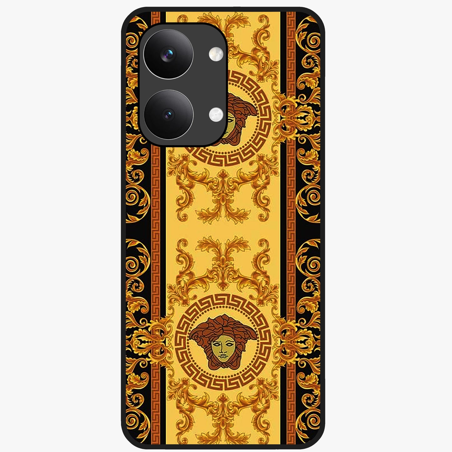 Golden Royal Heritage Glass Case showing flat back view with ornate royal pattern artwork and glossy glass finish.