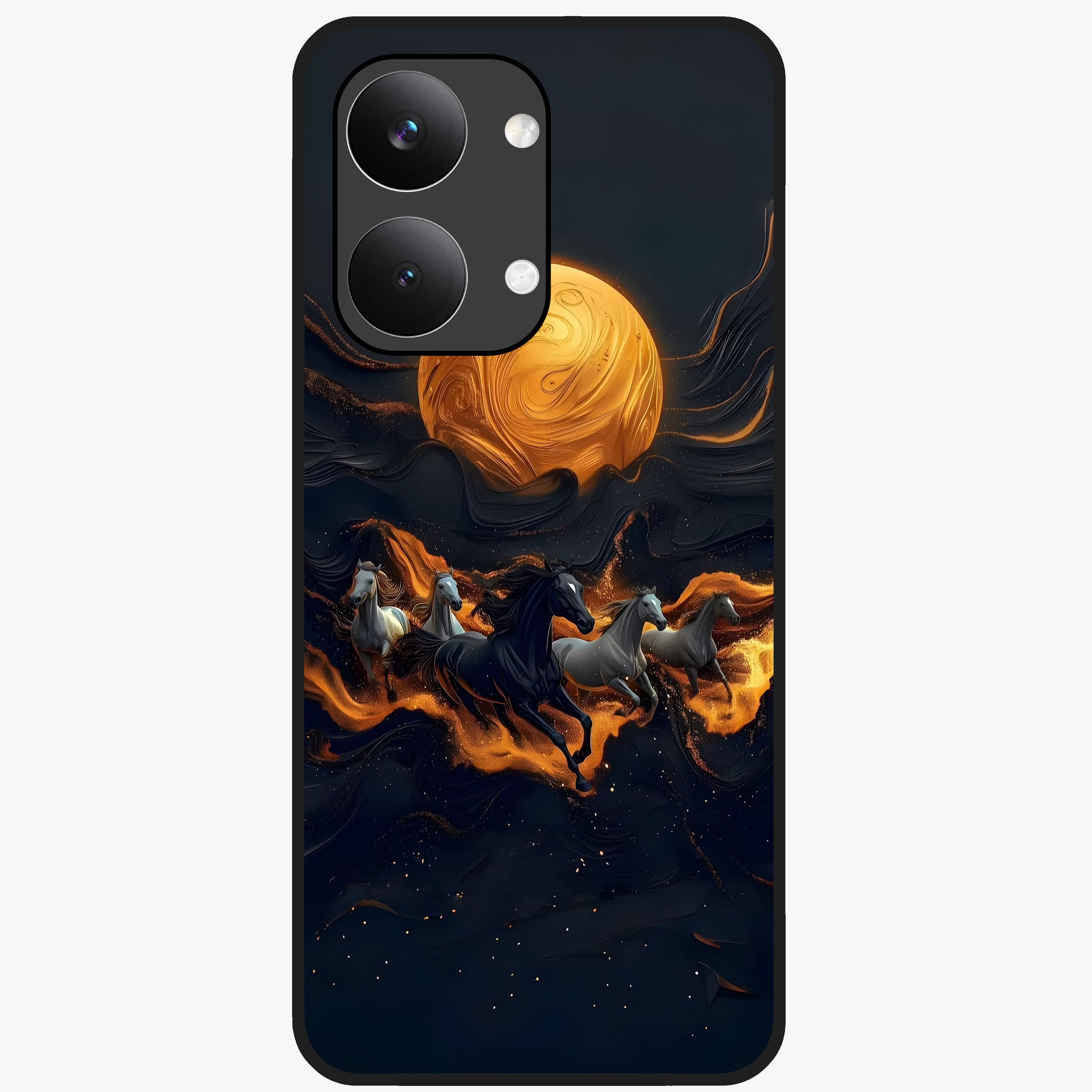Golden Stallion Moonride Glass Case showing flat back view with majestic horse under moonlight artwork and glossy glass finish.