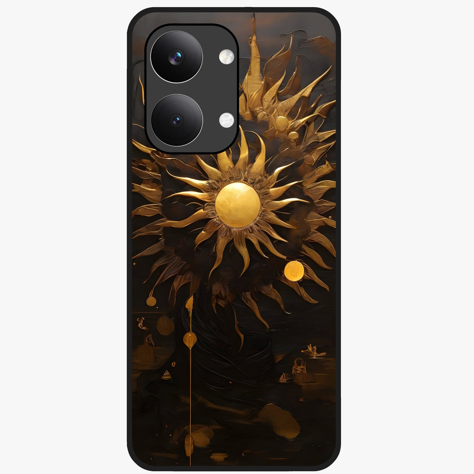 Golden Sun Majesty Glass Case showing flat back view with radiant golden sun artwork and glossy glass finish.