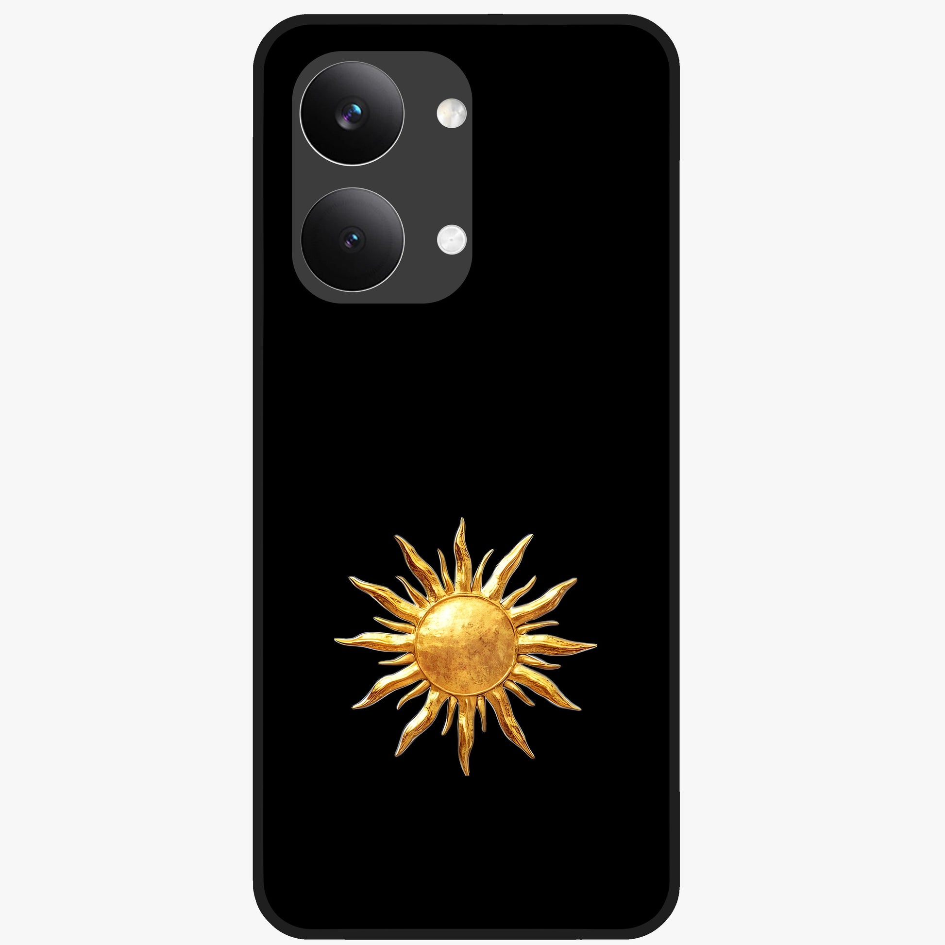 Golden Sun Minimalism Glass Case showing flat back view with minimal golden sun artwork and glossy glass finish.