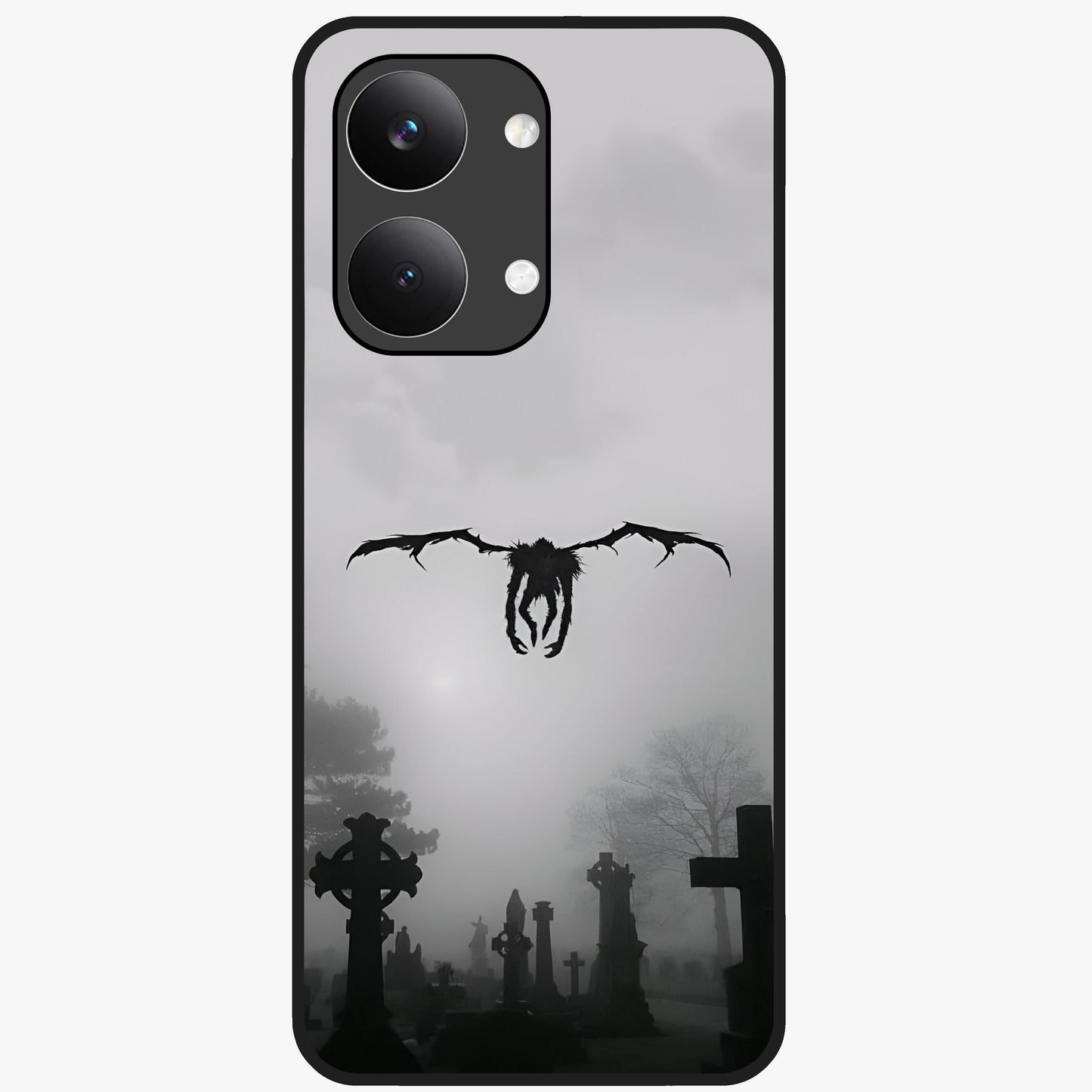 Graveyard Shadow Descent Glass Case showing flat back view with dark graveyard themed artwork and glossy glass finish.
