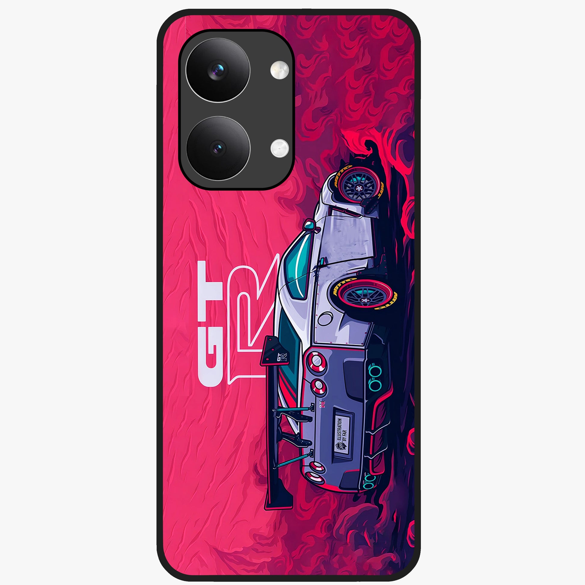 GT-R Car Pattern Glass Case showing flat back view with sporty car inspired pattern artwork and glossy glass finish.