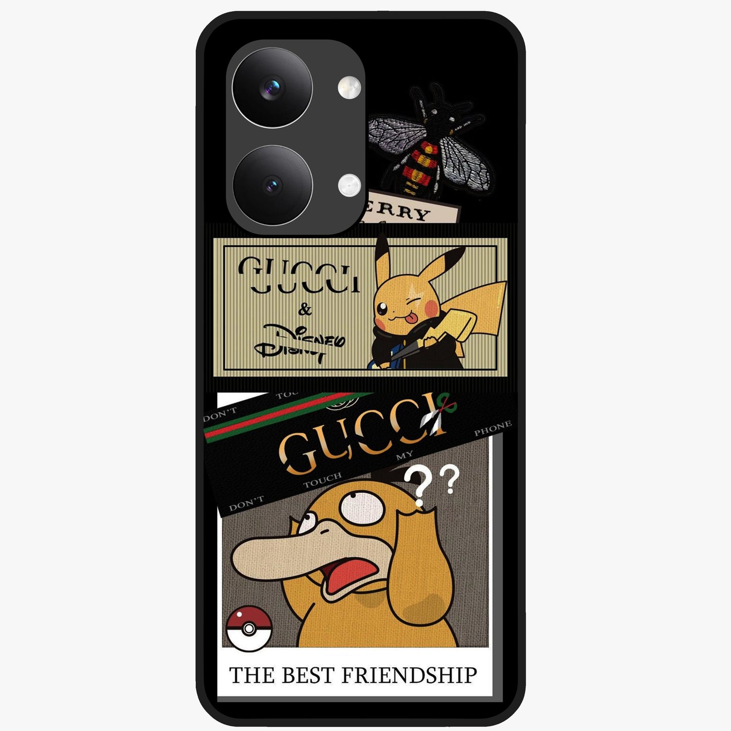 Gucci Play Mashup Glass Case showing flat back view with luxury inspired graphic artwork and glossy glass finish.