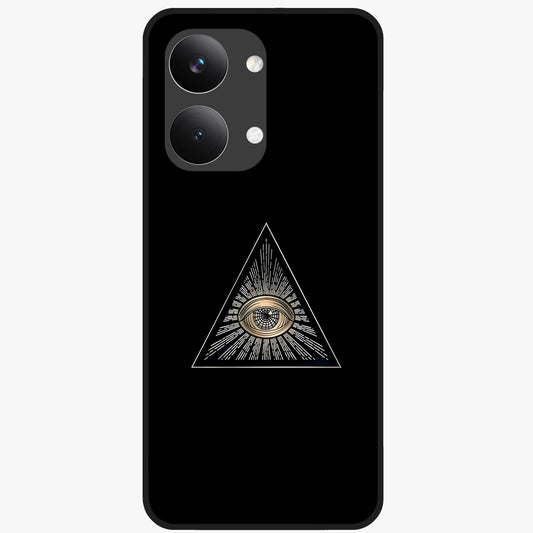 Illuminati Evil Glass Case showing flat back view with mysterious illuminati symbol artwork and glossy glass finish.