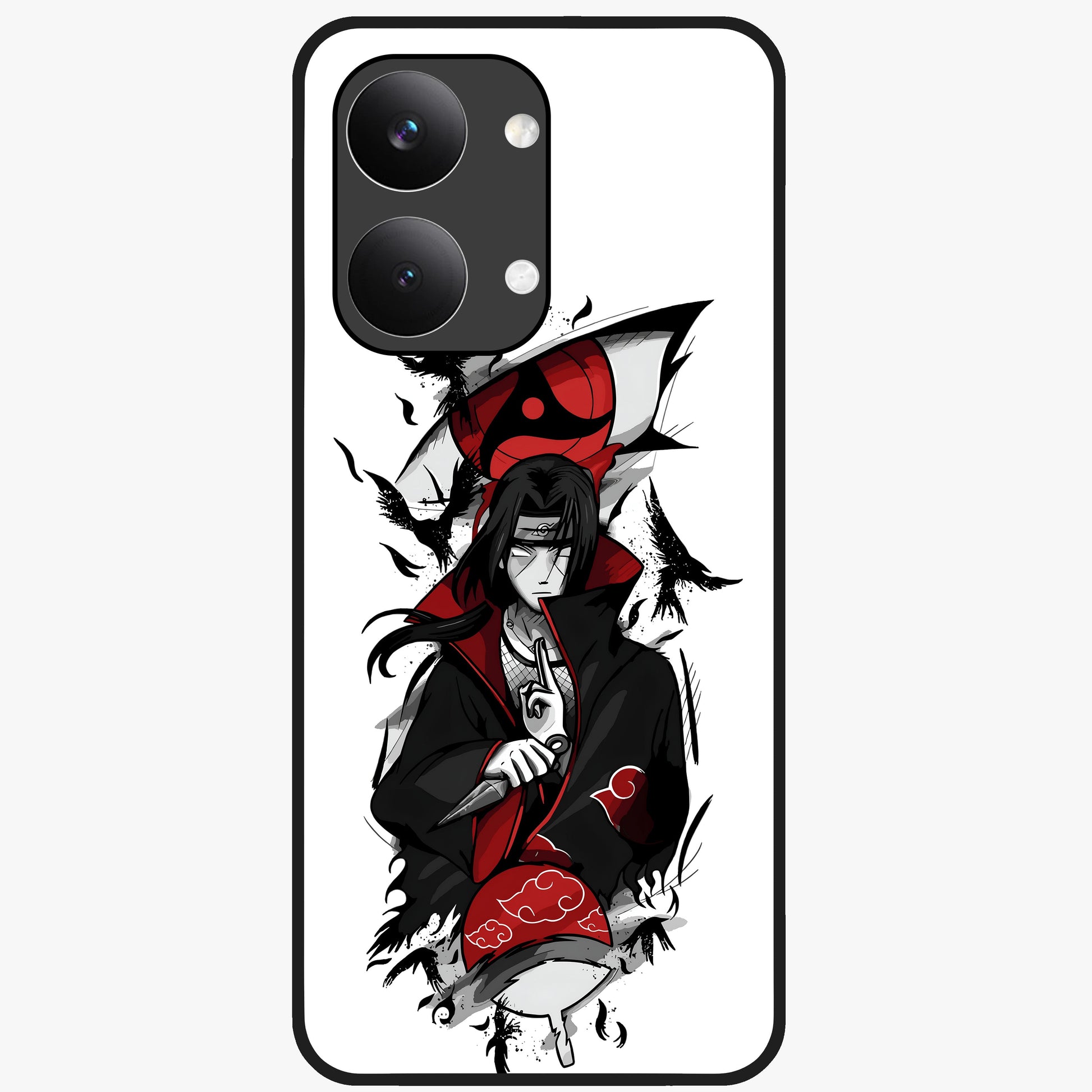 Itachi Sharingan Glass Case showing flat back view with powerful anime eye artwork and glossy glass finish.