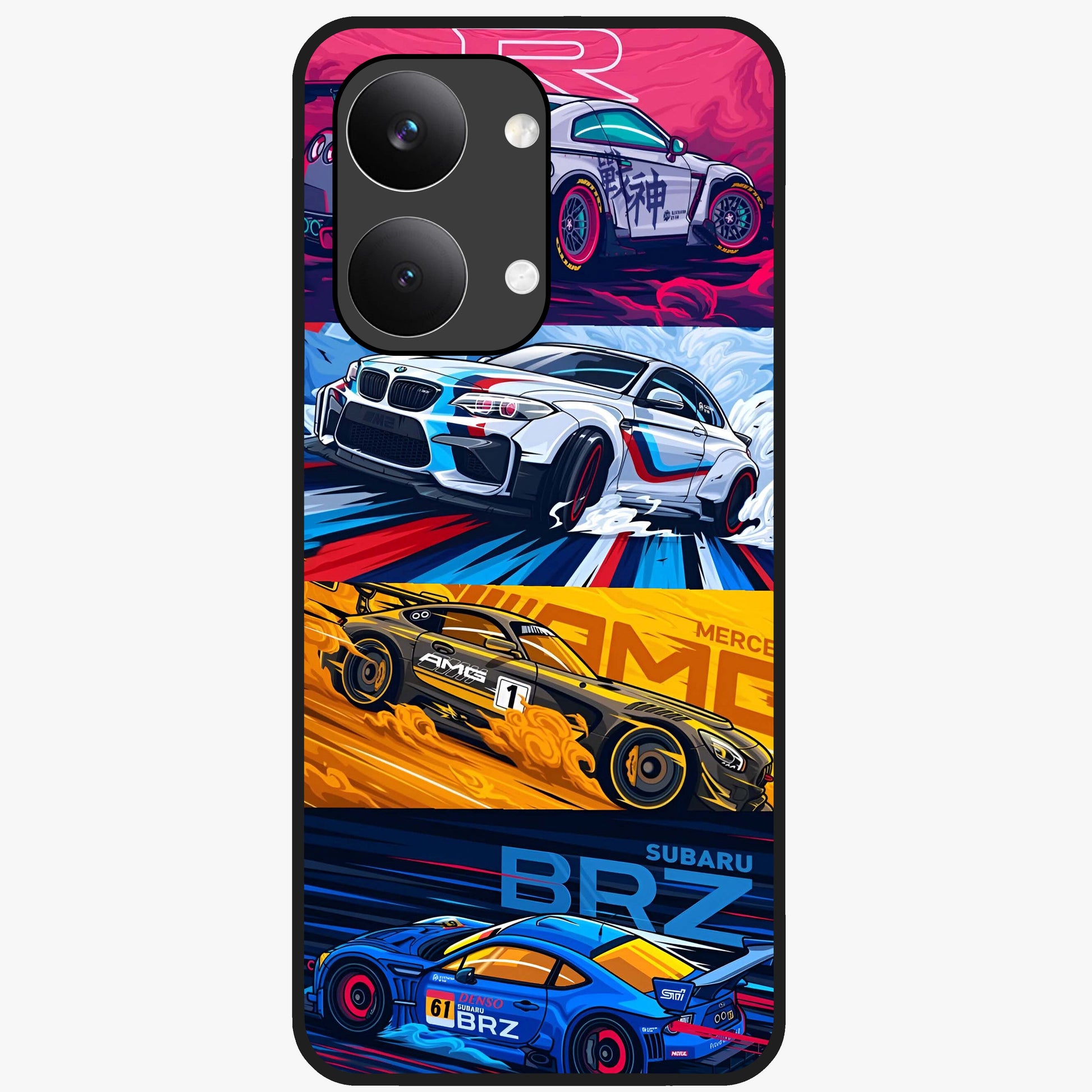 JDM Sports Car Glass Case showing flat back view with high performance sports car artwork and glossy glass finish.