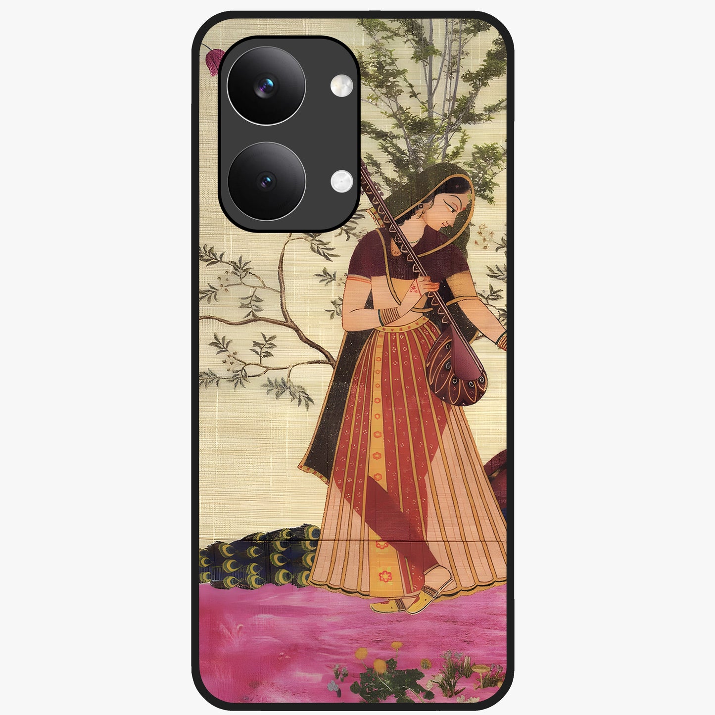 Lady With Veena Art Glass Case showing flat back view with elegant woman playing veena artwork and glossy glass finish.