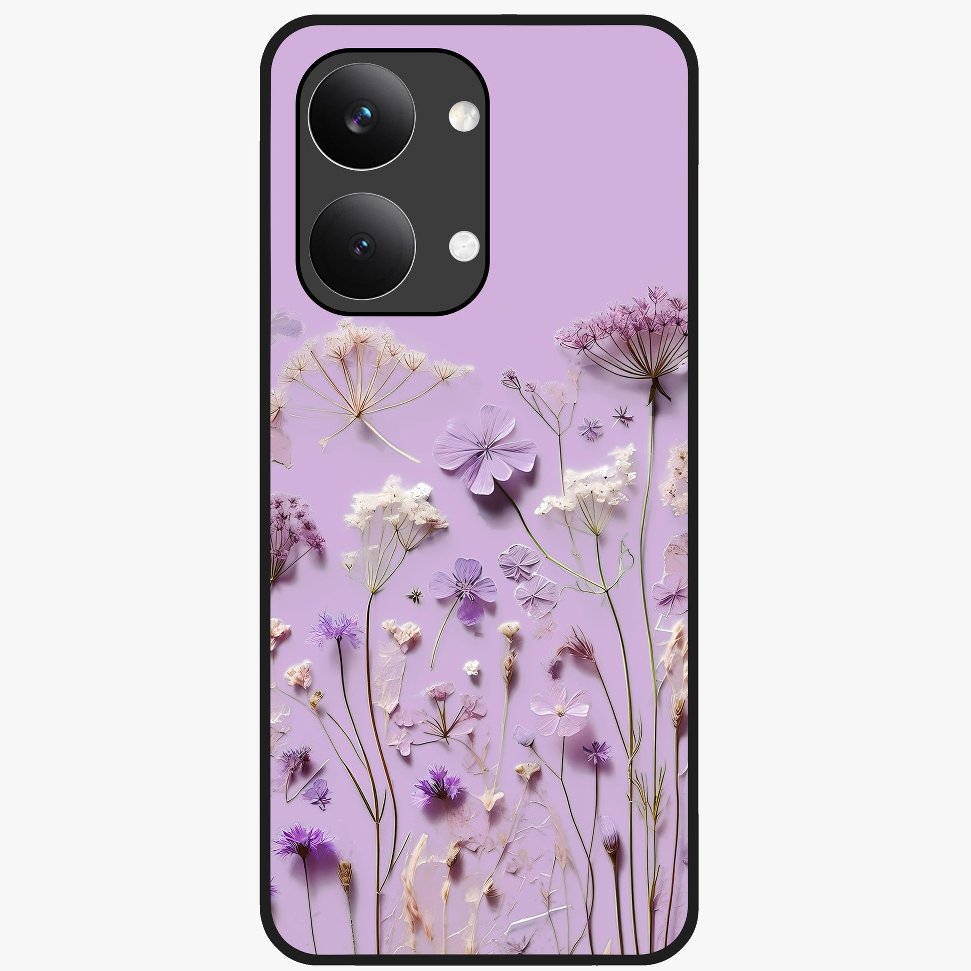 Lavender Blossom Dream Glass Case showing flat back view with soft lavender floral artwork and glossy glass finish.