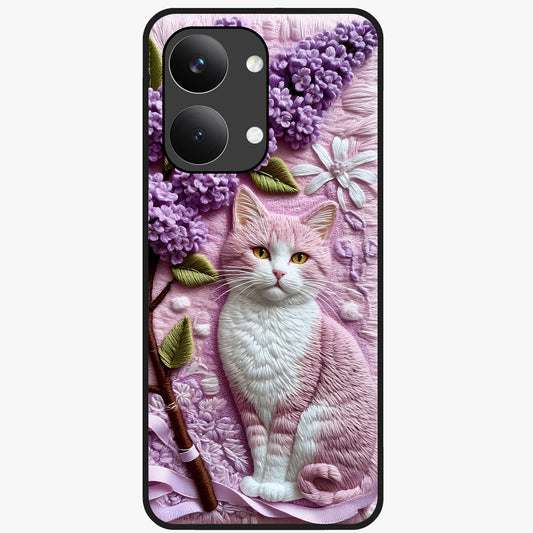 Lavender Cat Whimsy Glass Case showing flat back view with cute lavender cat artwork and glossy glass finish.